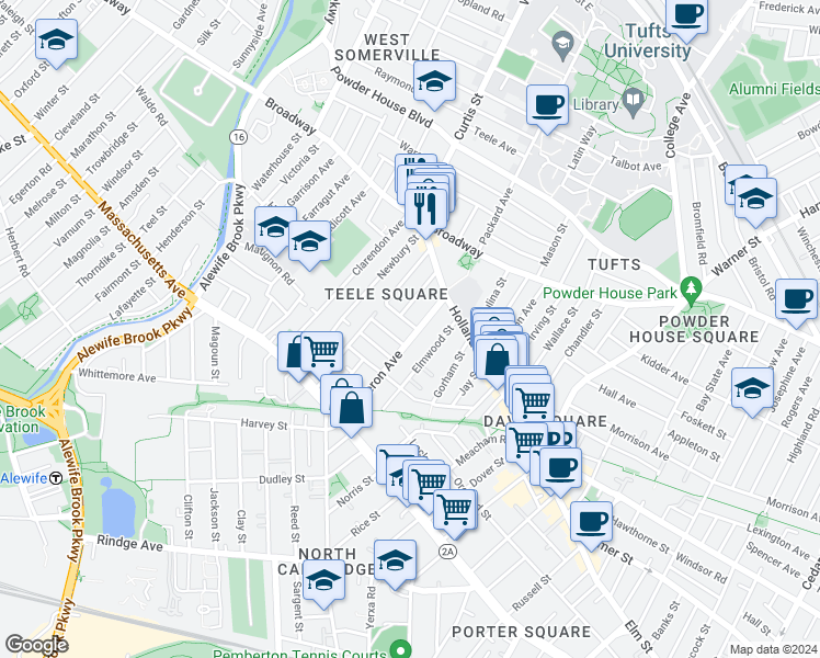 map of restaurants, bars, coffee shops, grocery stores, and more near 19 Cameron Avenue in Somerville