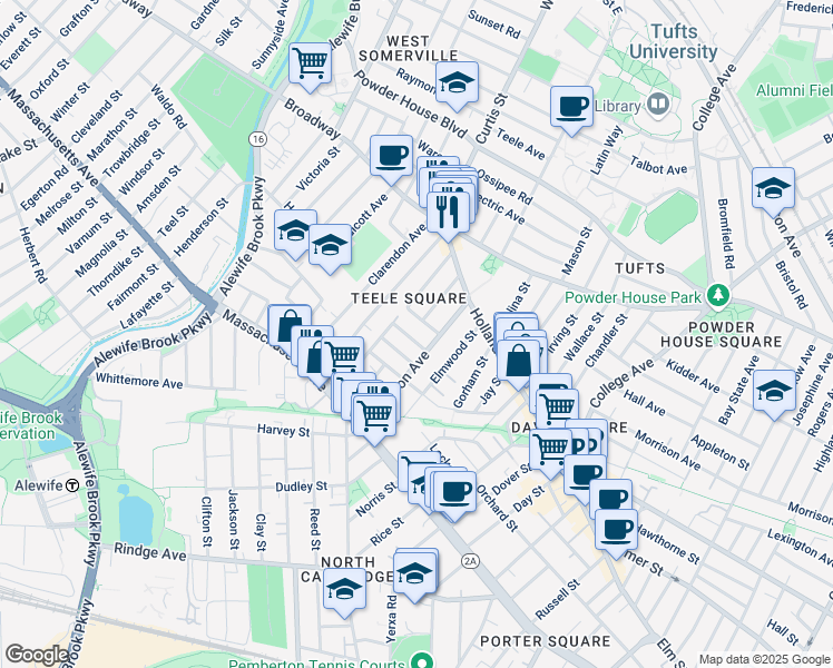 map of restaurants, bars, coffee shops, grocery stores, and more near 26 Mead Street in Somerville