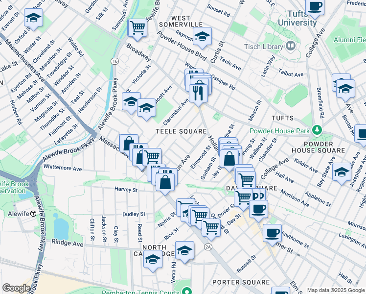 map of restaurants, bars, coffee shops, grocery stores, and more near in Somerville