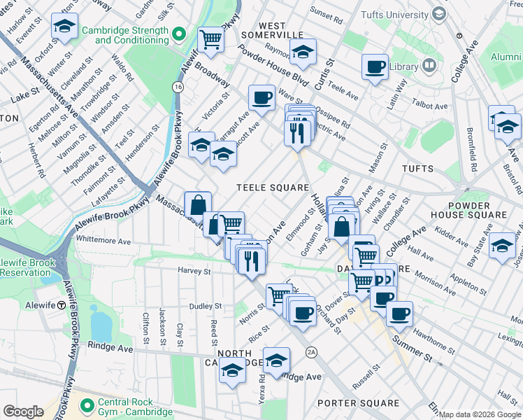 map of restaurants, bars, coffee shops, grocery stores, and more near in Somerville