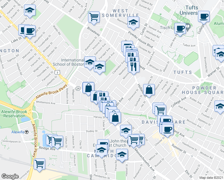 map of restaurants, bars, coffee shops, grocery stores, and more near 82 Newbury Street in Somerville