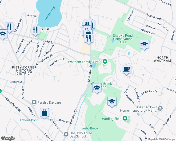 map of restaurants, bars, coffee shops, grocery stores, and more near 736 Lexington Street in Waltham