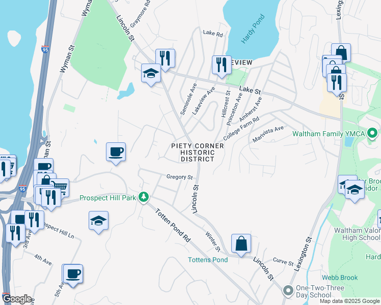 map of restaurants, bars, coffee shops, grocery stores, and more near 368 Lincoln Street in Waltham
