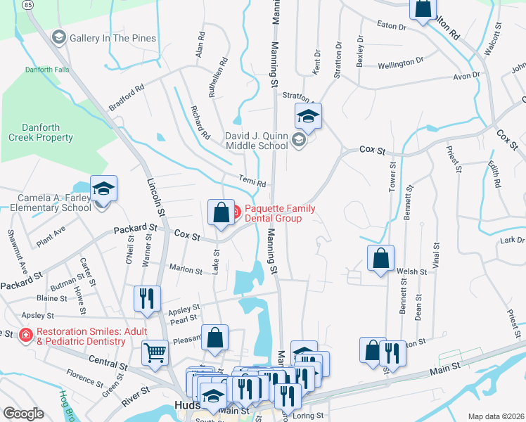 map of restaurants, bars, coffee shops, grocery stores, and more near 3 Manning Street in Hudson