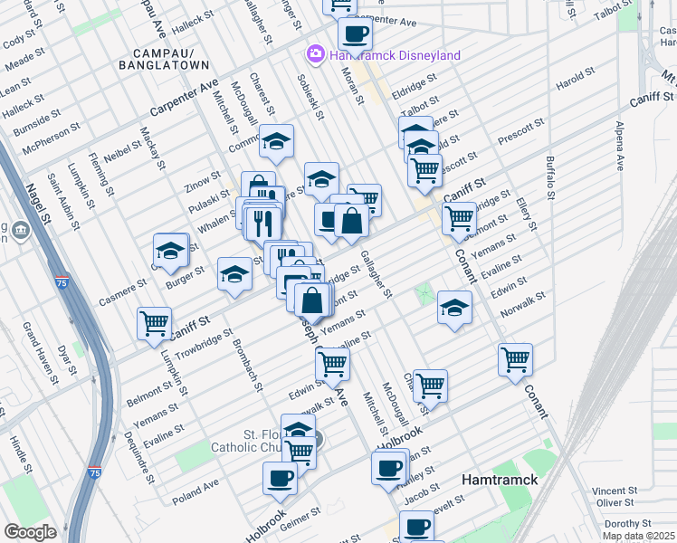 map of restaurants, bars, coffee shops, grocery stores, and more near 3050 Caniff Street in Hamtramck