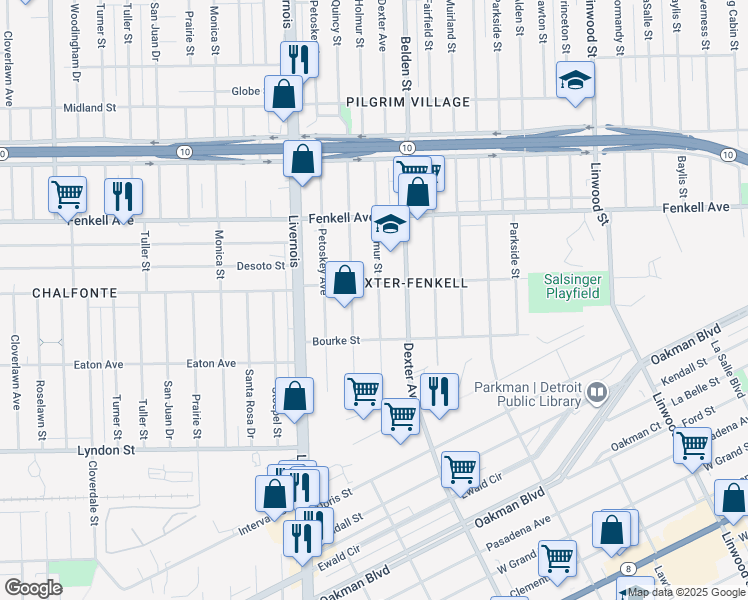 map of restaurants, bars, coffee shops, grocery stores, and more near 14914 Quincy Street in Detroit