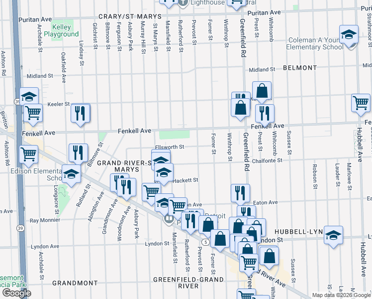 map of restaurants, bars, coffee shops, grocery stores, and more near 15930 Ellsworth Street in Detroit