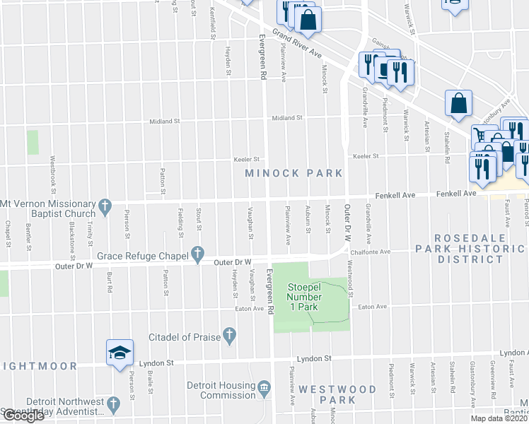 map of restaurants, bars, coffee shops, grocery stores, and more near in Detroit