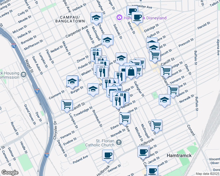 map of restaurants, bars, coffee shops, grocery stores, and more near 11300 Joseph Campau Avenue in Hamtramck