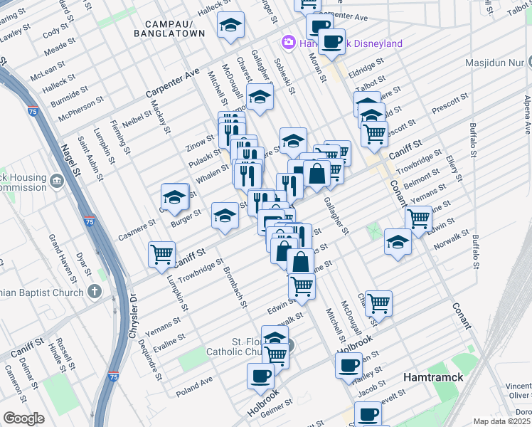 map of restaurants, bars, coffee shops, grocery stores, and more near 11300 Joseph Campau Avenue in Hamtramck