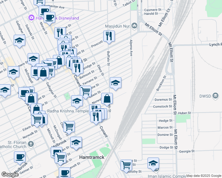 map of restaurants, bars, coffee shops, grocery stores, and more near 9600 Buffalo Street in Hamtramck