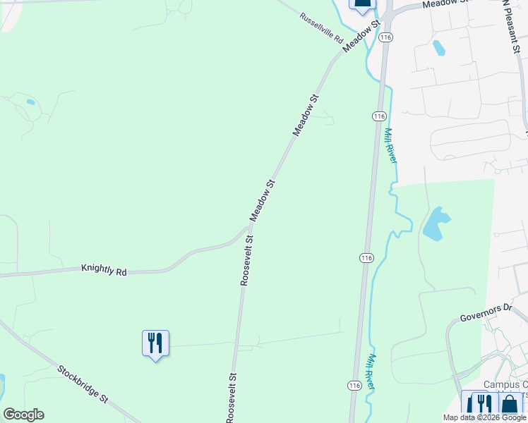 map of restaurants, bars, coffee shops, grocery stores, and more near 2 Roosevelt Street in Hadley