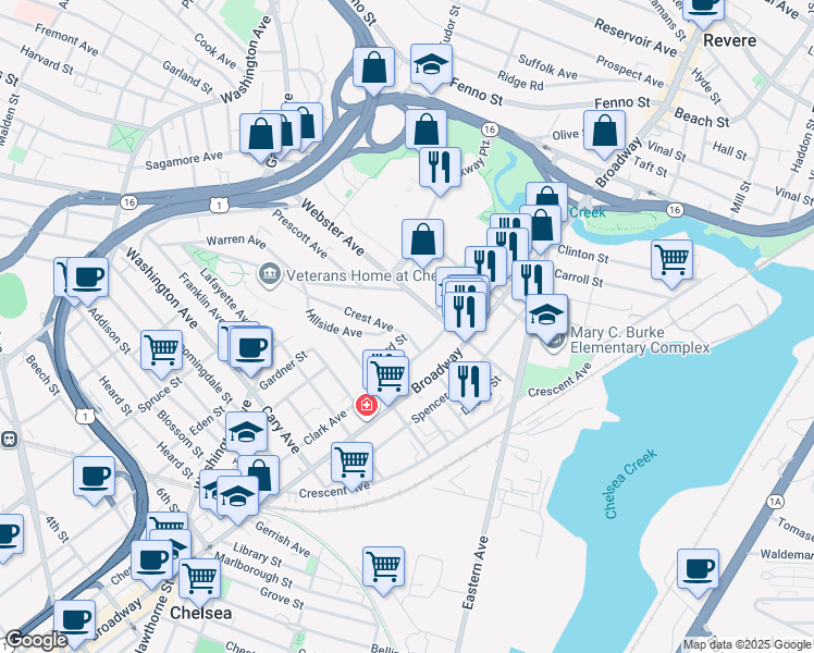 map of restaurants, bars, coffee shops, grocery stores, and more near 112 Webster Avenue in Chelsea