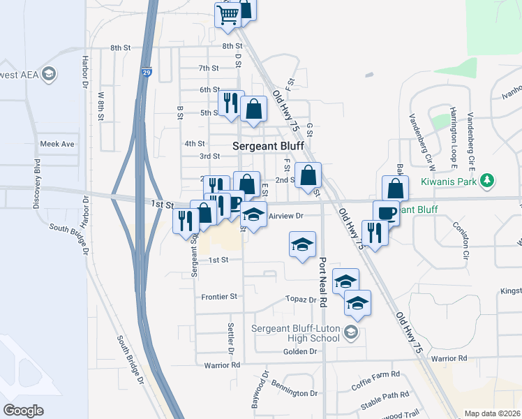 map of restaurants, bars, coffee shops, grocery stores, and more near 401-449 210th Street in Sergeant Bluff