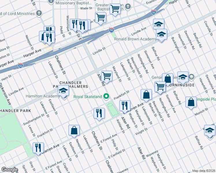 map of restaurants, bars, coffee shops, grocery stores, and more near 5317 Wayburn Street in Detroit