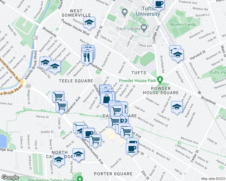 map of restaurants, bars, coffee shops, grocery stores, and more near 39 Simpson Avenue in Somerville