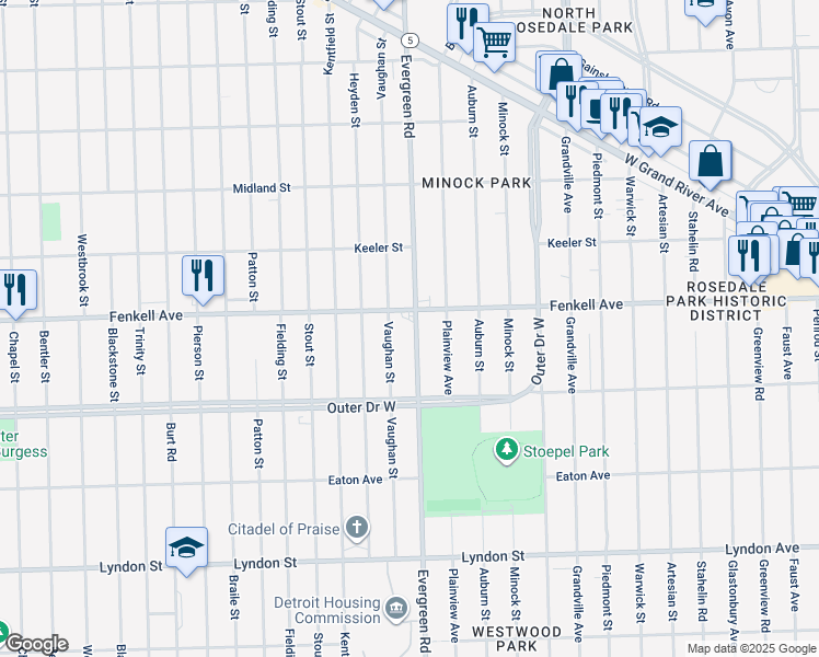 map of restaurants, bars, coffee shops, grocery stores, and more near 15143 Evergreen Road in Detroit