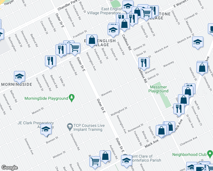 map of restaurants, bars, coffee shops, grocery stores, and more near 4352 Kensington Avenue in Detroit