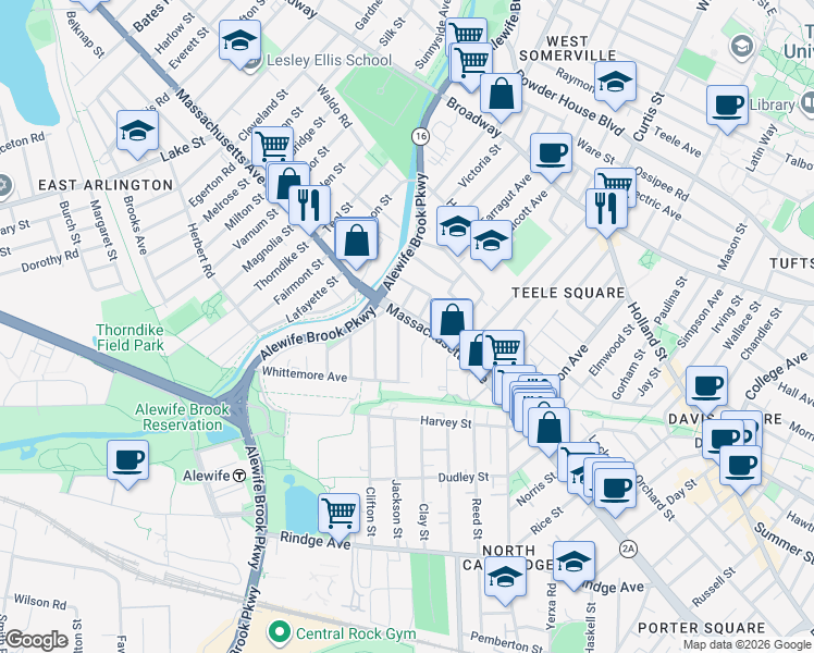 map of restaurants, bars, coffee shops, grocery stores, and more near 2571 Massachusetts Avenue in Cambridge