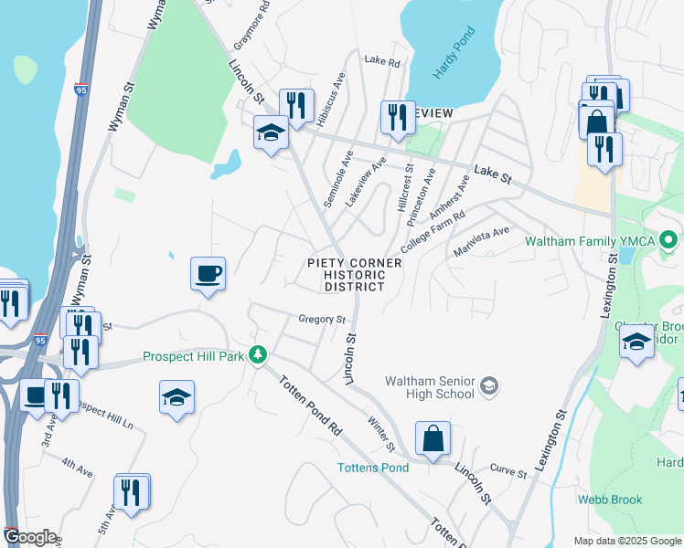 map of restaurants, bars, coffee shops, grocery stores, and more near 368 Lincoln Street in Waltham