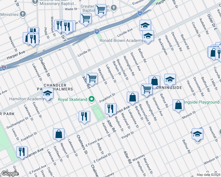 map of restaurants, bars, coffee shops, grocery stores, and more near 5281 Maryland Street in Detroit
