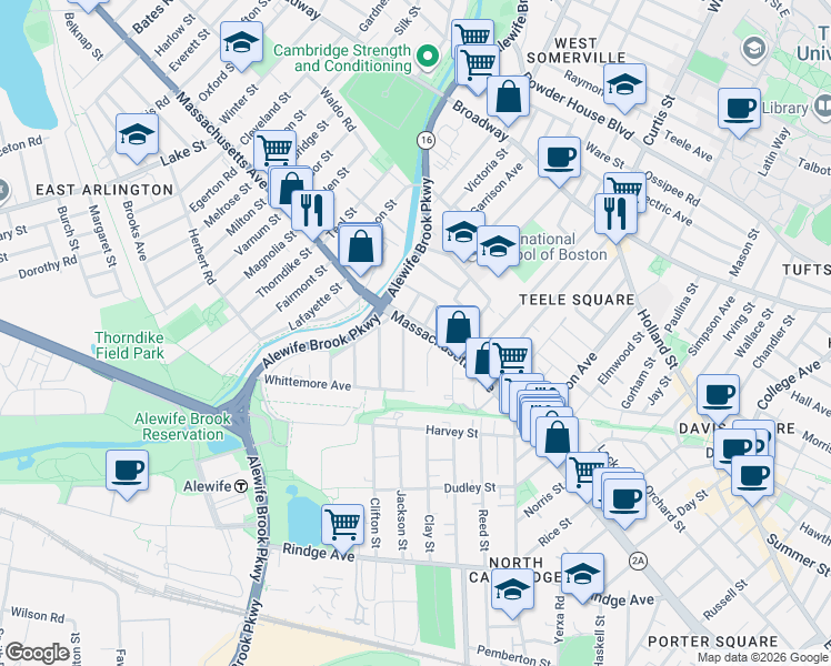 map of restaurants, bars, coffee shops, grocery stores, and more near 2571 Massachusetts Avenue in Cambridge