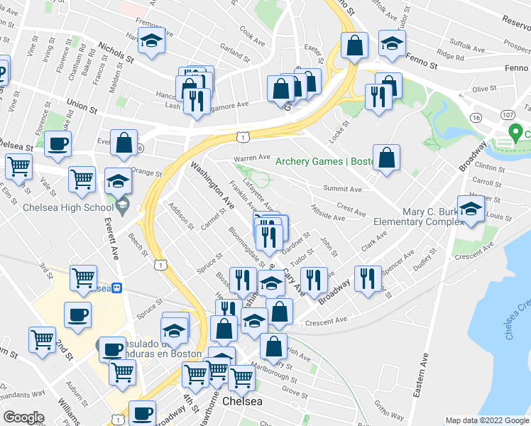 map of restaurants, bars, coffee shops, grocery stores, and more near 51 Franklin Avenue in Chelsea