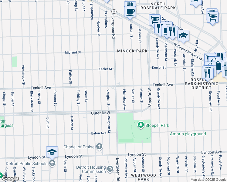 map of restaurants, bars, coffee shops, grocery stores, and more near 15145 Evergreen Road in Detroit