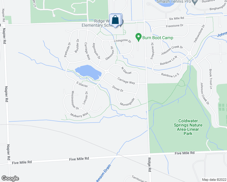 map of restaurants, bars, coffee shops, grocery stores, and more near 15885 Morningside in Northville