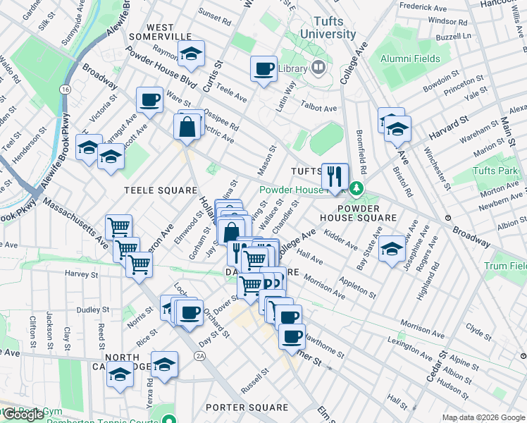 map of restaurants, bars, coffee shops, grocery stores, and more near 66 Irving Street in Somerville