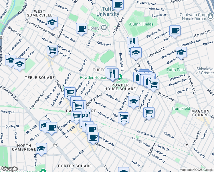 map of restaurants, bars, coffee shops, grocery stores, and more near 126 College Avenue in Somerville
