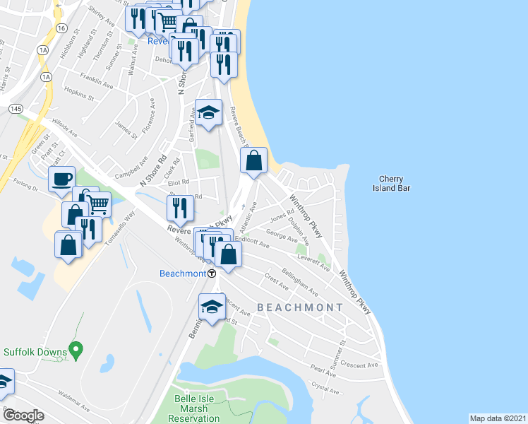 map of restaurants, bars, coffee shops, grocery stores, and more near 26 Wave Avenue in Revere
