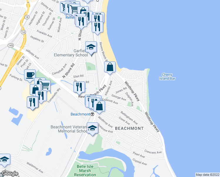 map of restaurants, bars, coffee shops, grocery stores, and more near 21 Revere Beach Parkway in Revere