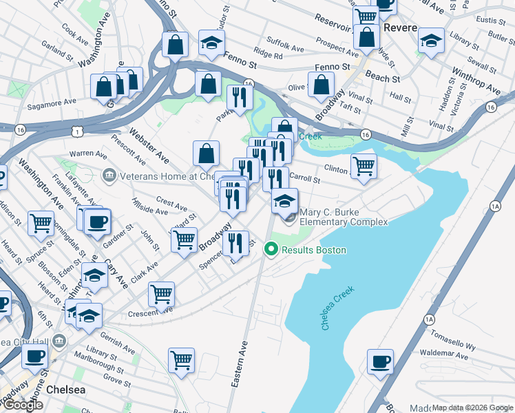 map of restaurants, bars, coffee shops, grocery stores, and more near 23-31 Stockton Street in Chelsea