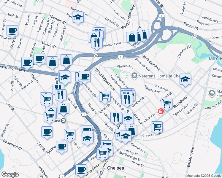 map of restaurants, bars, coffee shops, grocery stores, and more near 254 Washington Avenue in Chelsea