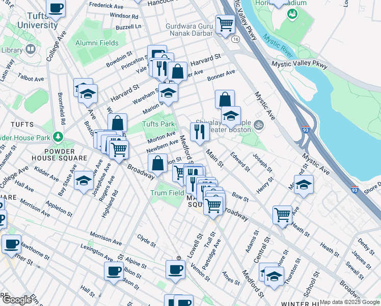 map of restaurants, bars, coffee shops, grocery stores, and more near 1 Clayton Avenue in Medford