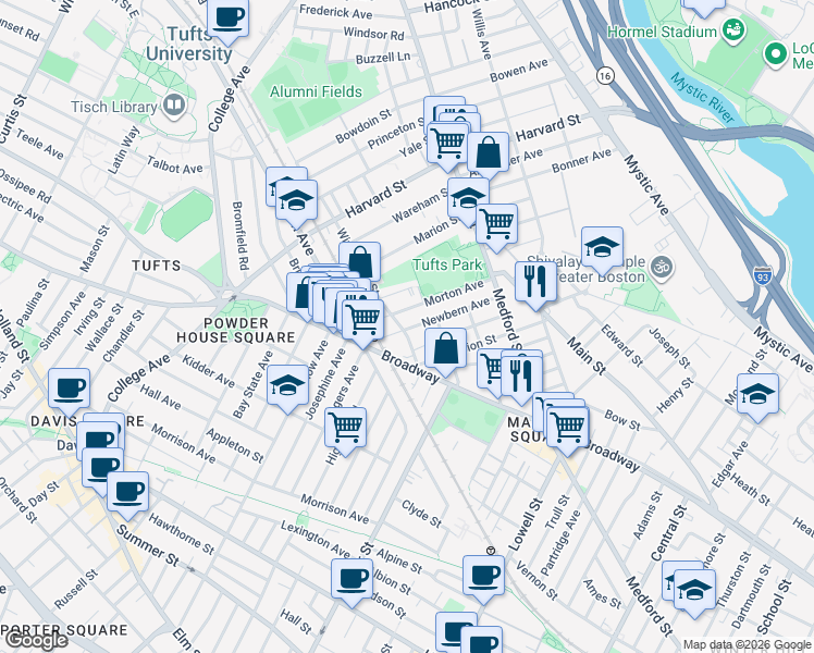 map of restaurants, bars, coffee shops, grocery stores, and more near 55 Newbern Avenue in Medford