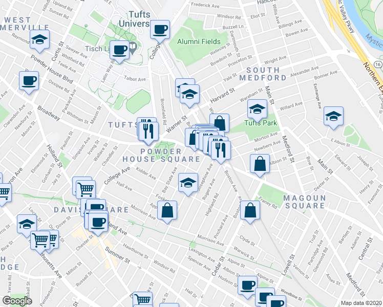 map of restaurants, bars, coffee shops, grocery stores, and more near 739 Broadway in Somerville