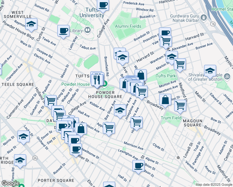 map of restaurants, bars, coffee shops, grocery stores, and more near 6 Liberty Avenue in Somerville