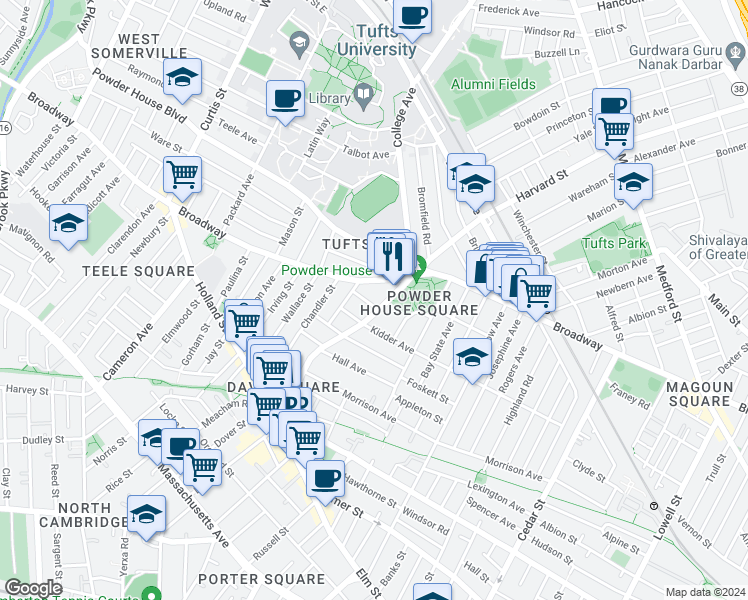 map of restaurants, bars, coffee shops, grocery stores, and more near 126 College Avenue in Somerville