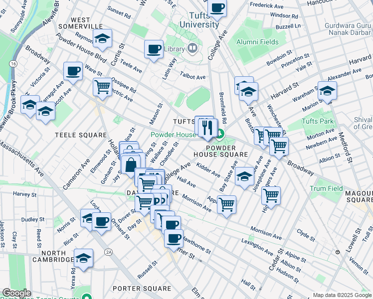 map of restaurants, bars, coffee shops, grocery stores, and more near 28 Billingham Street in Somerville