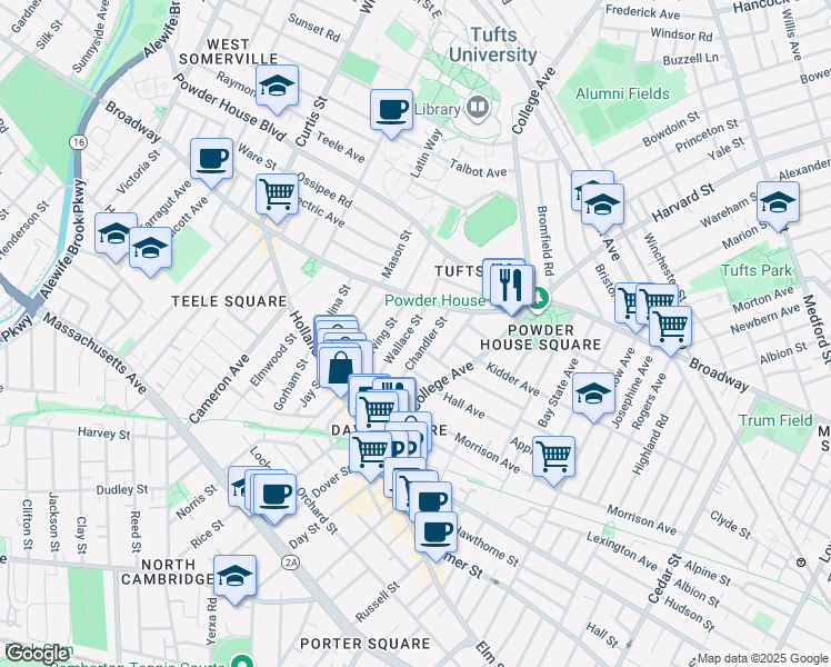 map of restaurants, bars, coffee shops, grocery stores, and more near 95 Wallace Street in Somerville