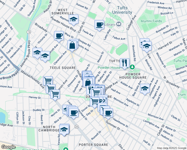 map of restaurants, bars, coffee shops, grocery stores, and more near 66 Irving Street in Somerville