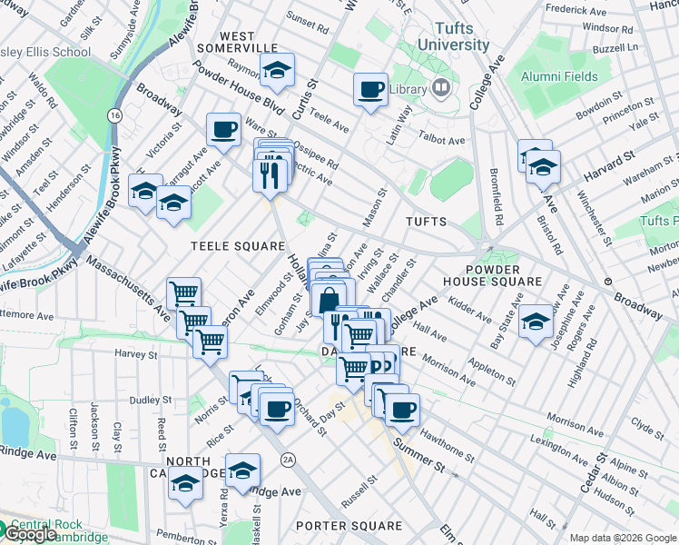 map of restaurants, bars, coffee shops, grocery stores, and more near 41 Corinthian Road in Somerville
