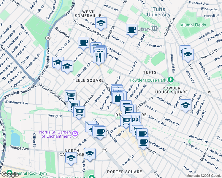 map of restaurants, bars, coffee shops, grocery stores, and more near 158 Holland Street in Somerville