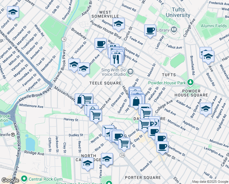 map of restaurants, bars, coffee shops, grocery stores, and more near 19 Cameron Avenue in Somerville
