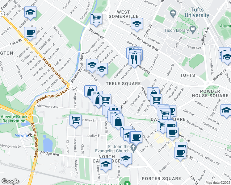 map of restaurants, bars, coffee shops, grocery stores, and more near 82 Newbury Street in Somerville