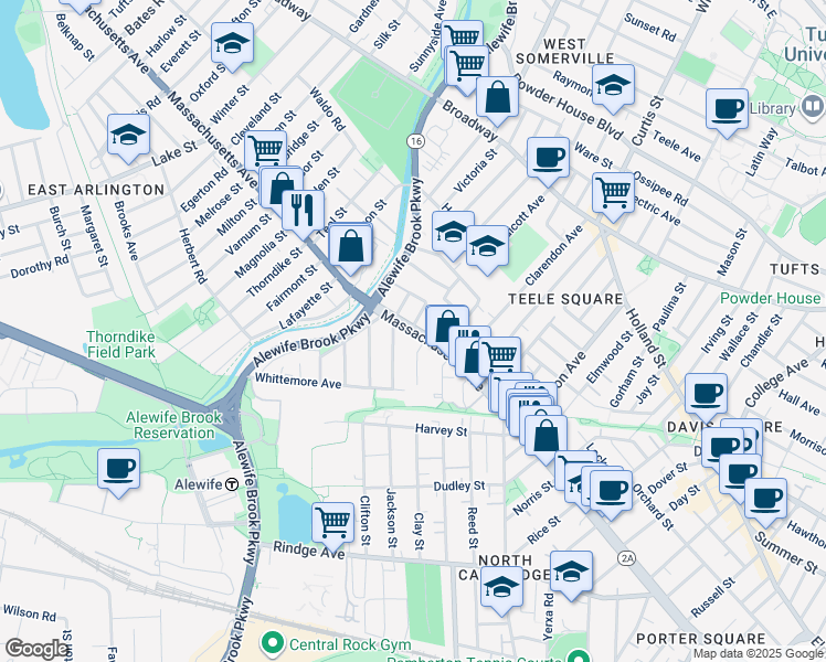 map of restaurants, bars, coffee shops, grocery stores, and more near 2571 Massachusetts Avenue in Cambridge