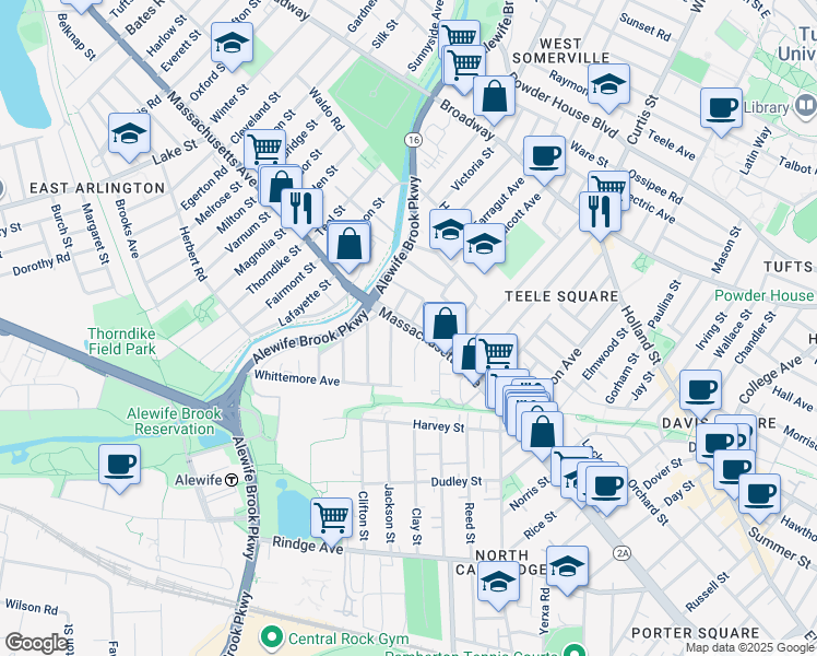 map of restaurants, bars, coffee shops, grocery stores, and more near 2571 Massachusetts Avenue in Cambridge