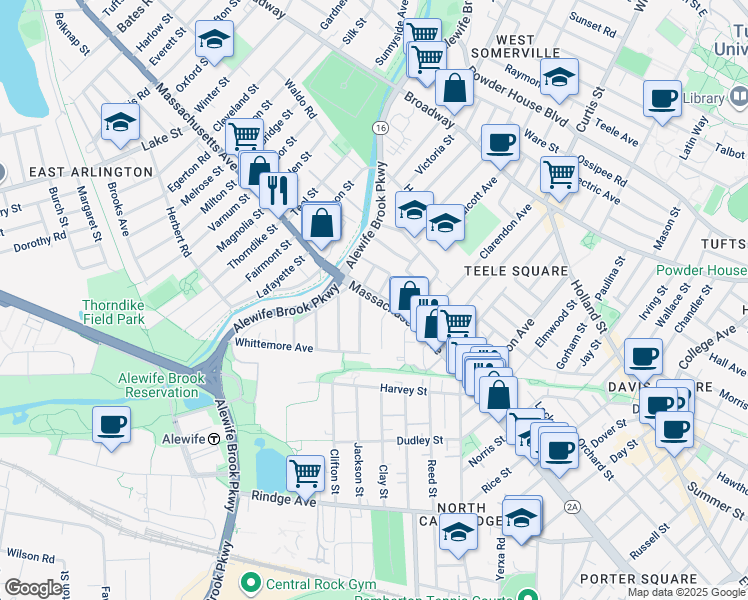 map of restaurants, bars, coffee shops, grocery stores, and more near 2571 Massachusetts Avenue in Cambridge